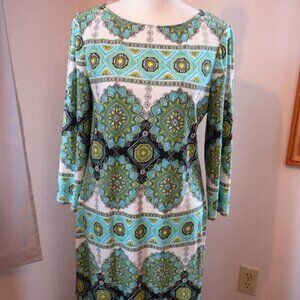 London Times 3/4 Sleeve Round Neck Green Blue White Geometric Pattern Dress-Sz 8